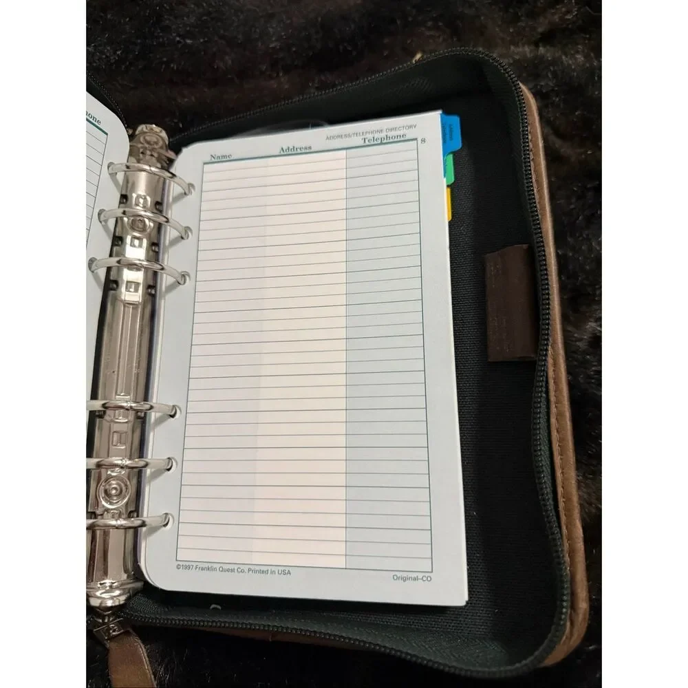 Franklin Quest Pre-Covey Green Line Canvas Brown Leather Trim Planner 6 Ring Zip